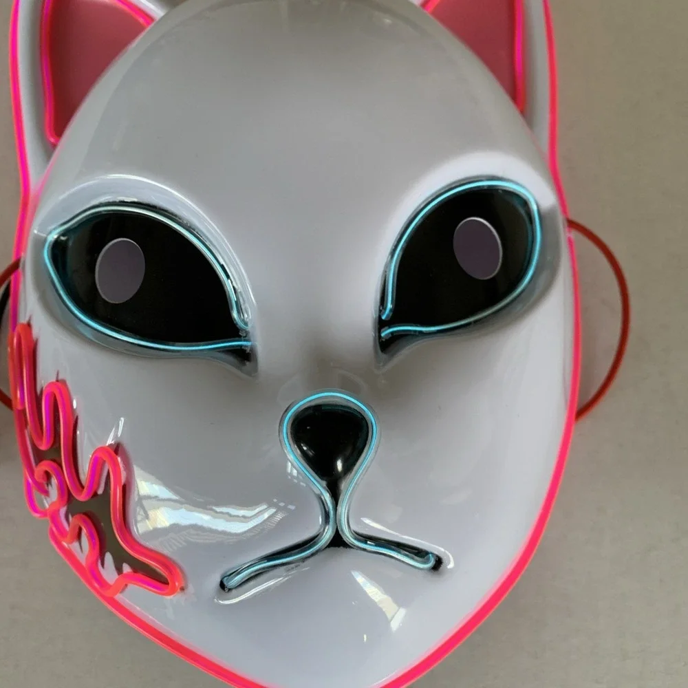 Anime Demon Slayer LED‎ Light up Mask White W Pink And Blue Light Halloween
